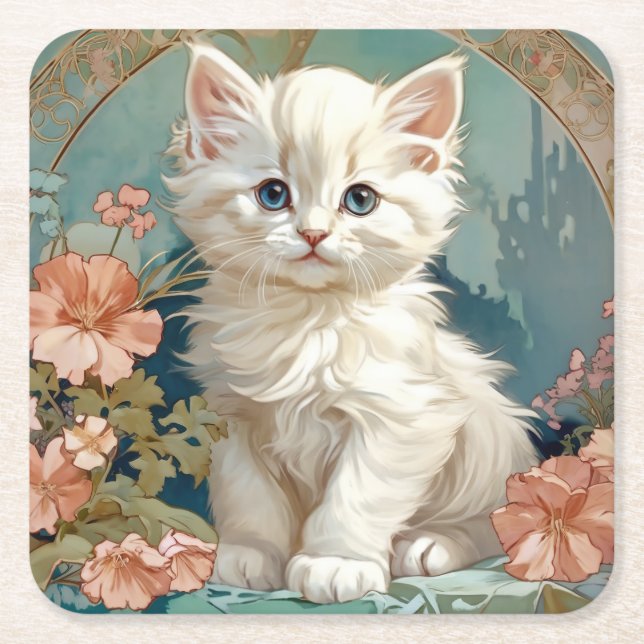 Posavasos Cuadrado De Papel Alphonse Mucha Estilo Gato Blanco (Anverso)