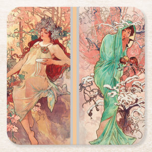 Posavasos Cuadrado De Papel Alphonse Mucha, Las Cuatro Estaciones (1896) 