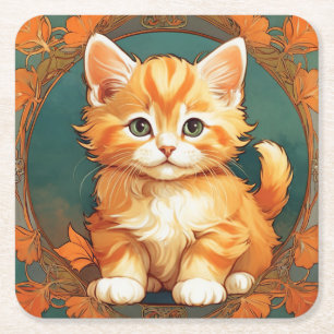 Posavasos Cuadrado De Papel Alphonse Mucha Style Naranja Cat