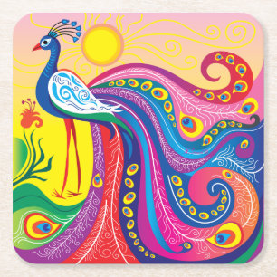 Posavasos Cuadrado De Papel Amanecer de Pavo Real