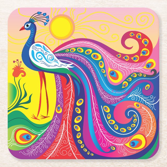 Posavasos Cuadrado De Papel Amanecer de Pavo Real (Anverso)
