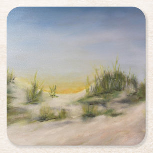 Posavasos Cuadrado De Papel Amanecer sobre dunas de arena, pintura de aceite o