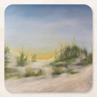 Posavasos Cuadrado De Papel Amanecer sobre dunas de arena, pintura de aceite o