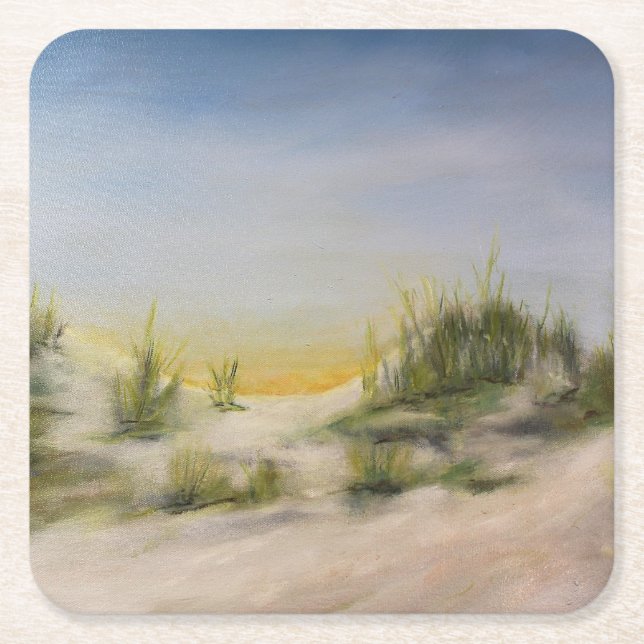 Posavasos Cuadrado De Papel Amanecer sobre dunas de arena, pintura de aceite o (Anverso)