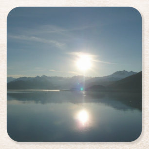 Posavasos Cuadrado De Papel Amanecer sobre el fiordo universitario Alaska Foto
