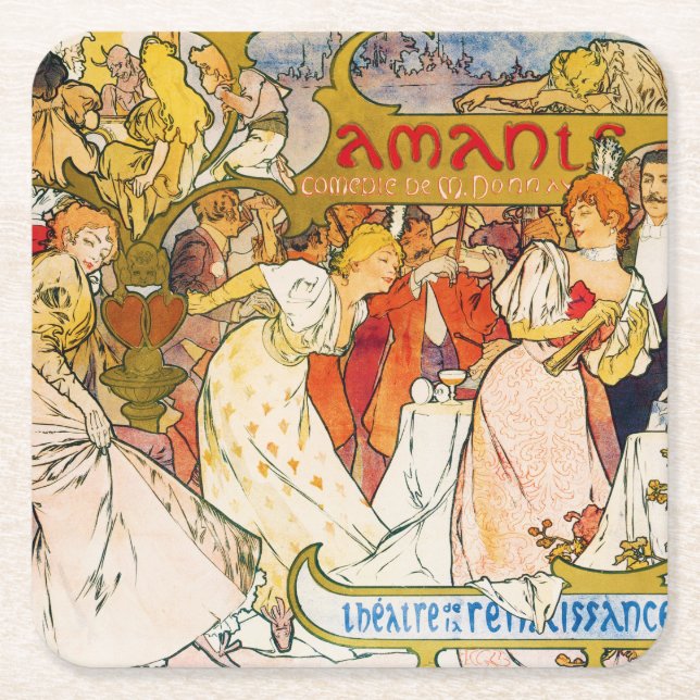 Posavasos Cuadrado De Papel Amantes, Alphonse Mucha (Anverso)