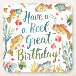 Posavasos Cuadrado De Papel Amantes de la pesca acuarela temática de cumpleaño