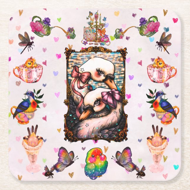 Posavasos Cuadrado De Papel Amantes del cisne (Anverso)