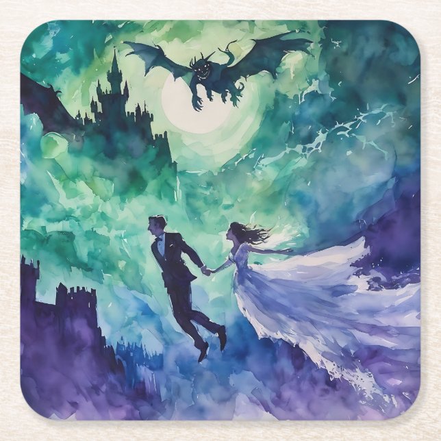 Posavasos Cuadrado De Papel Amantes voladores - Pintura de acuarela (Anverso)