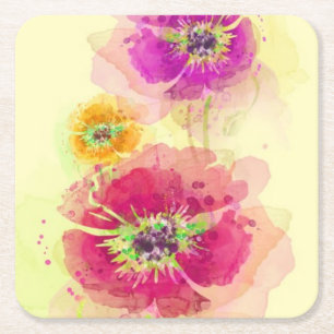 Posavasos Cuadrado De Papel Amapolas pintadas 2 de la acuarela