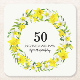 Posavasos Cuadrado De Papel Amarillo blanco Daffodil Wreath cumpleaños 50