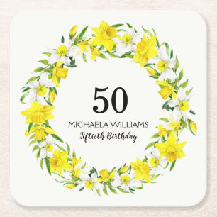 Posavasos Cuadrado De Papel Amarillo blanco Daffodil Wreath cumpleaños 50