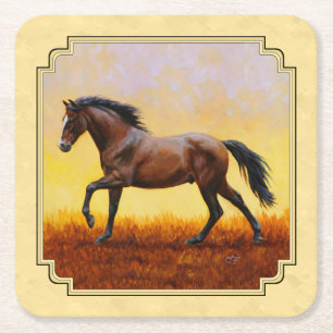 Posavasos Cuadrado De Papel Amarillo del caballo de Dark Bay en ejecución