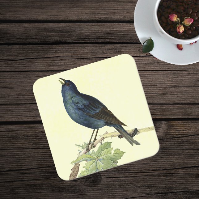 Posavasos Cuadrado De Papel Amarillo elegante de pájaro negro de época (Pretty singing black bird on branch caterpillar leaves on yellow paper drink coaster.)