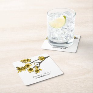 Posavasos Cuadrado De Papel Amarillo Sencillo Flor de Cerezo Papel Astras