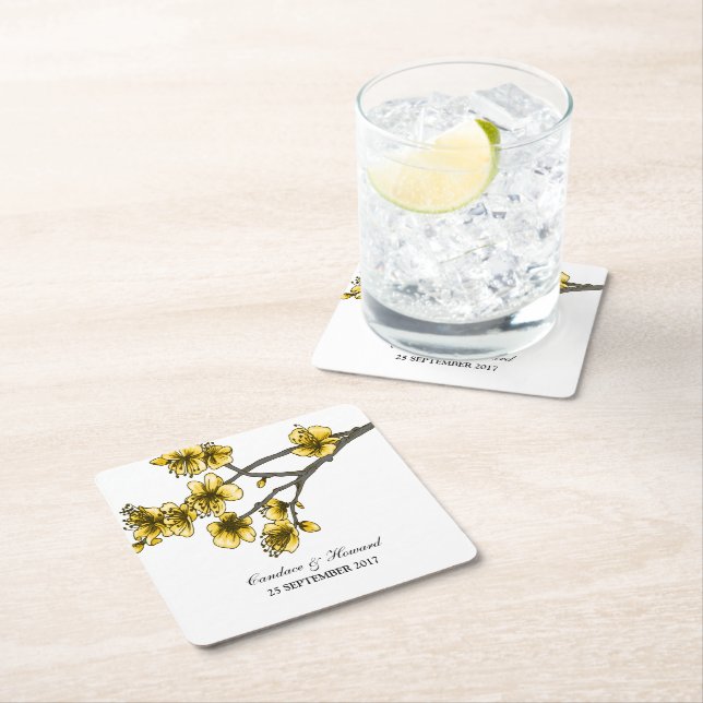 Posavasos Cuadrado De Papel Amarillo Sencillo Flor de Cerezo Papel Astras (In situ)