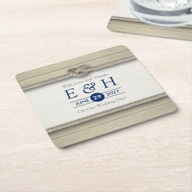 Posavasos Cuadrado De Papel Amarrando La Boda De Playa Rustica Knot (En perspectiva)