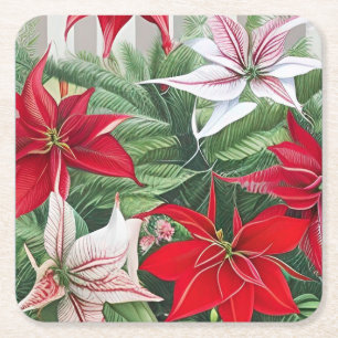 Posavasos Cuadrado De Papel Amaryllis Poinsettia Hybrid AI Art