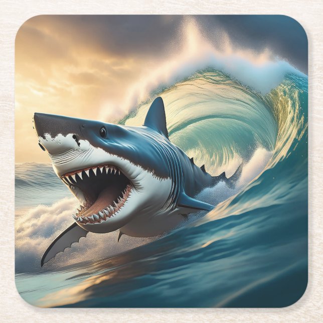 Posavasos Cuadrado De Papel Amenazando al tiburón (Anverso)