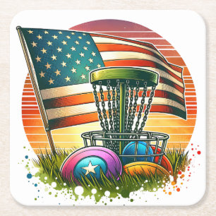 Posavasos Cuadrado De Papel American Flag Disk Golf Vintage Sun