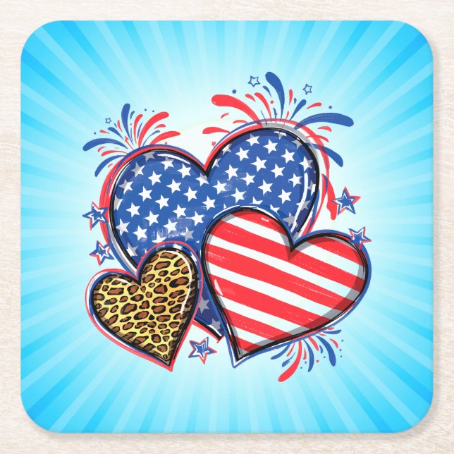 Posavasos Cuadrado De Papel American Flag Heart Leopard Sublimation-64210 (Anverso)