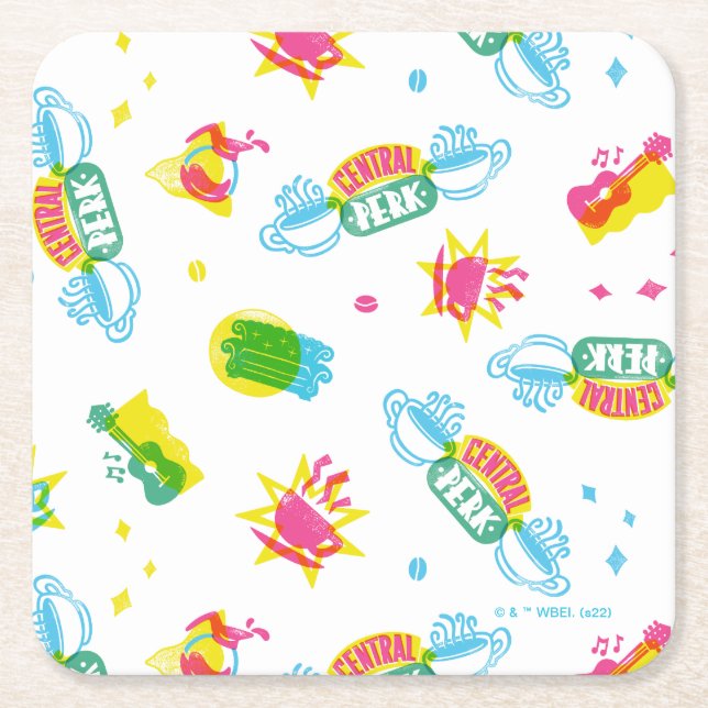 Posavasos Cuadrado De Papel AMIGOS™ | Patrón de Neón de Perk Central (Anverso)