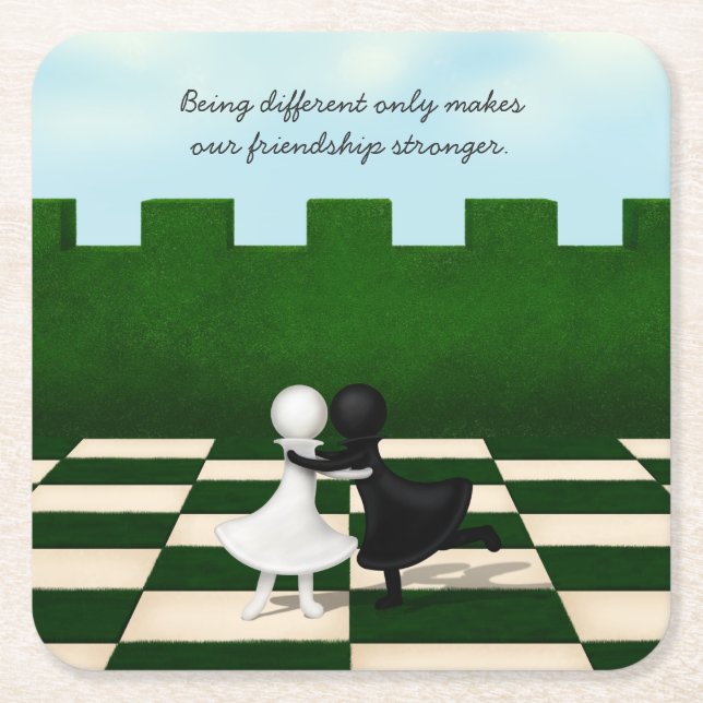 Posavasos Cuadrado De Papel Amistad Interracial Cute Pawns Abrazo Chessboard (Anverso)