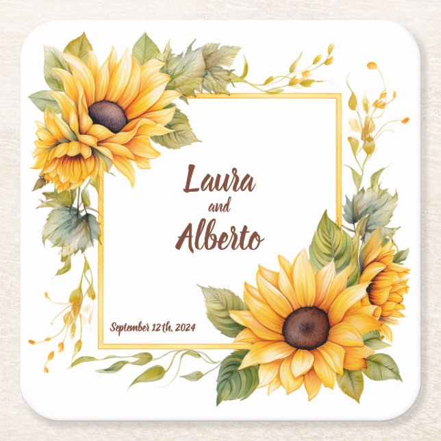 Posavasos Cuadrado De Papel Amor a los girasoles: Bodas caseros personalizados (Anverso)