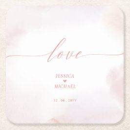 Posavasos Cuadrado De Papel Amor | Boda de Corazón y Acuarela Rosa