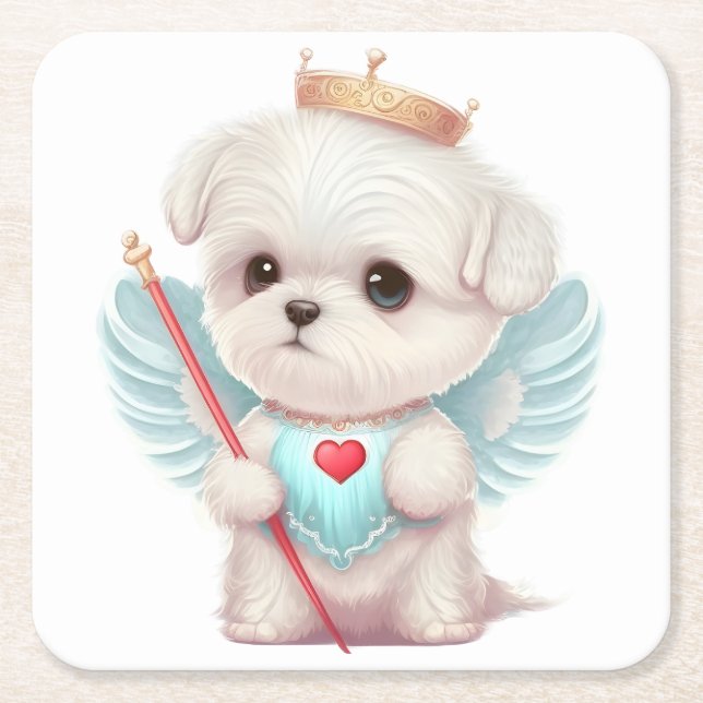 Posavasos Cuadrado De Papel Amor celestial: Perro maltés Ángel lindo (Anverso)