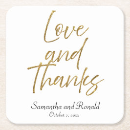 Posavasos Cuadrado De Papel Amor Minimalista blanco y oro y gracias Boda