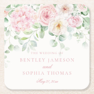 Posavasos Cuadrado De Papel Amor rosa en flor hidrángulos florales en flor Bod