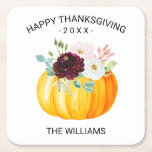 Posavasos Cuadrado De Papel Añade tu texto Personalizado de calabaza floral de<br><div class="desc">El diseño incluye una calabaza acuática con un hermoso ramo de flores color burdeos y rosa. Todo el texto se puede personalizar fácilmente. Sigue adelante y crea tu montaña rusa personalizada esta temporada.</div>
