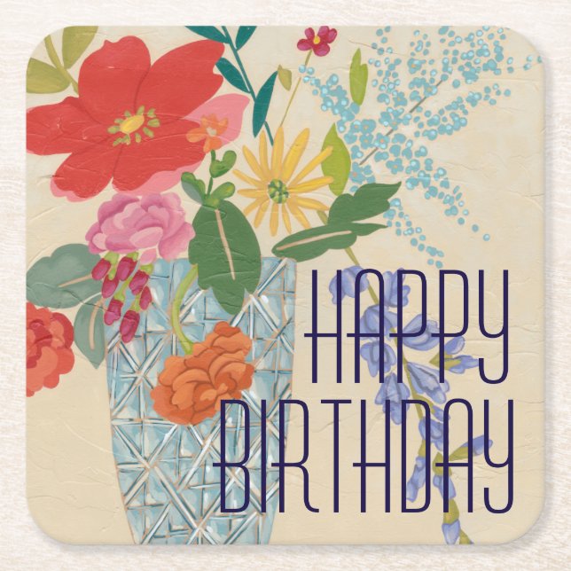 Posavasos Cuadrado De Papel Añadir el texto | Flores de primavera II (Anverso)