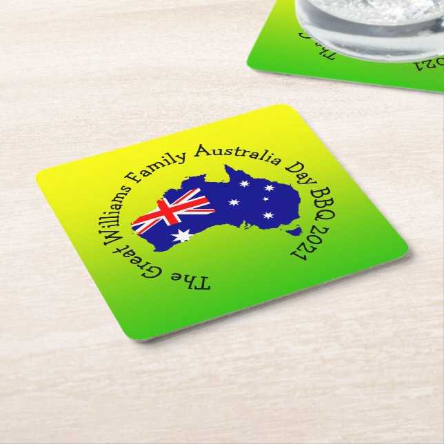 Posavasos Cuadrado De Papel Añadir nombre año año Australia día barbacoa (En perspectiva)
