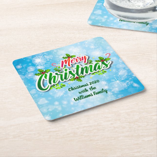 Posavasos Cuadrado De Papel Añadir nombre coincidente Feliz Navidad Azul (En perspectiva)