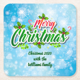 Posavasos Cuadrado De Papel Añadir nombre coincidente Feliz Navidad Azul