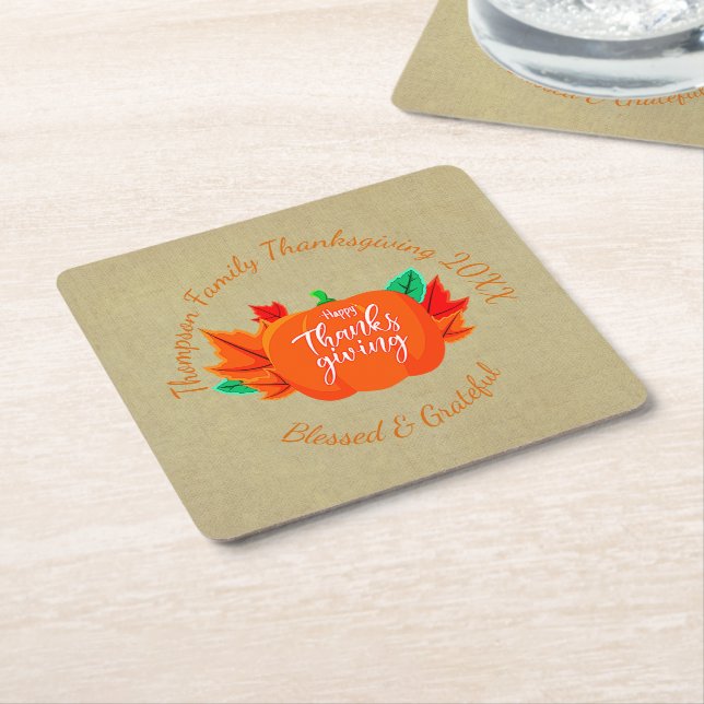 Posavasos Cuadrado De Papel Añadir nombre de familia Texto Calabaza de Acción  (En perspectiva)