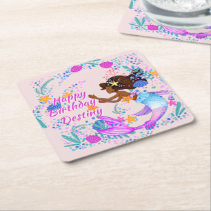 Posavasos Cuadrado De Papel Añadir nombre de texto Mermaid Pink Mauve Aqua Fie