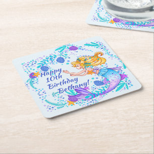 Posavasos Cuadrado De Papel Añadir nombre texto de la sirena dorsal azul malva