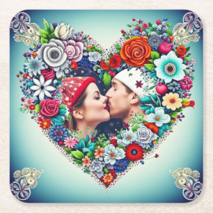Posavasos Cuadrado De Papel Añadir tu imagen   Marco floral cardíaco