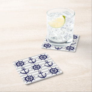 Posavasos Cuadrado De Papel Ancla azul marino náutico rueda de barco franja gr