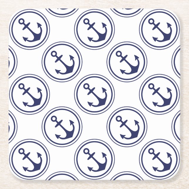 Posavasos Cuadrado De Papel Ancla azul náutica (Anverso)