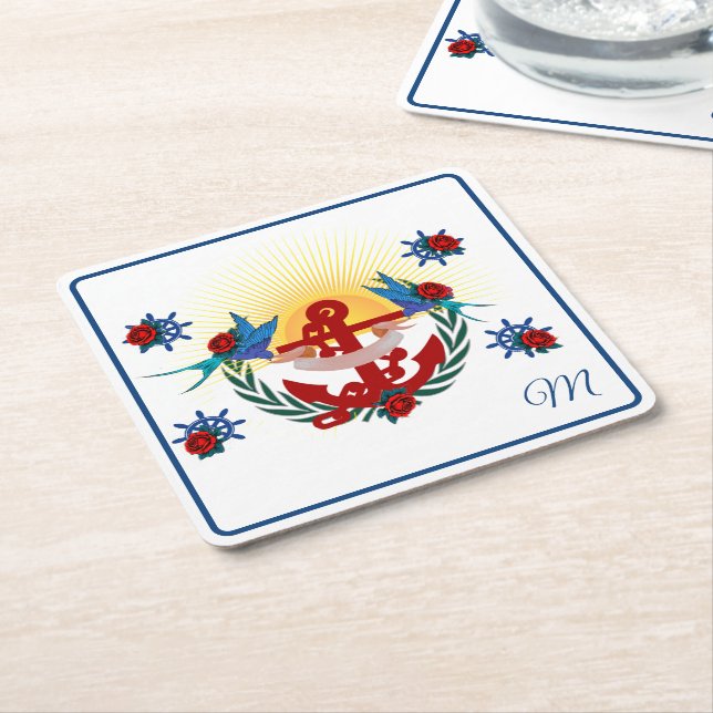 Posavasos Cuadrado De Papel Ancla náutica Azul Floral Rojo (En perspectiva)