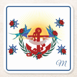 Posavasos Cuadrado De Papel Ancla náutica Azul Floral Rojo