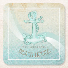 Posavasos Cuadrado De Papel Ancla náutica de Beach House y Rope Aqua ID623