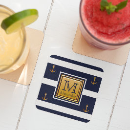 Posavasos Cuadrado De Papel Ancla Náutica Moderna Azul Blanco Monograma Dorado