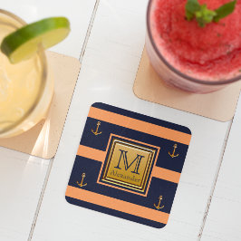 Posavasos Cuadrado De Papel Ancla Náutica Moderna Azul Naranja Dorado Monogram