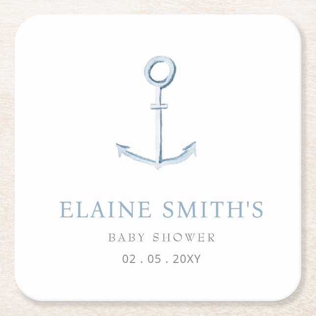 Posavasos Cuadrado De Papel Anclaje acuático Nautical Blue Beach Baby Shower (Anverso)
