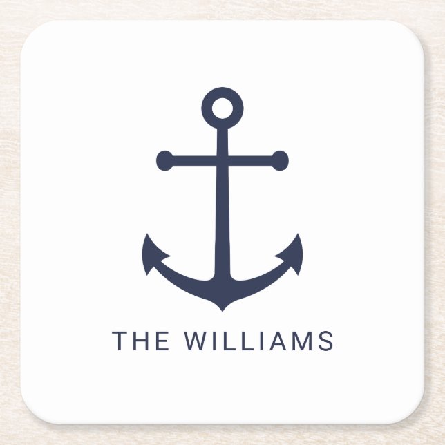 Posavasos Cuadrado De Papel Anclaje azul de la Marina Náutica y nombre persona (Anverso)